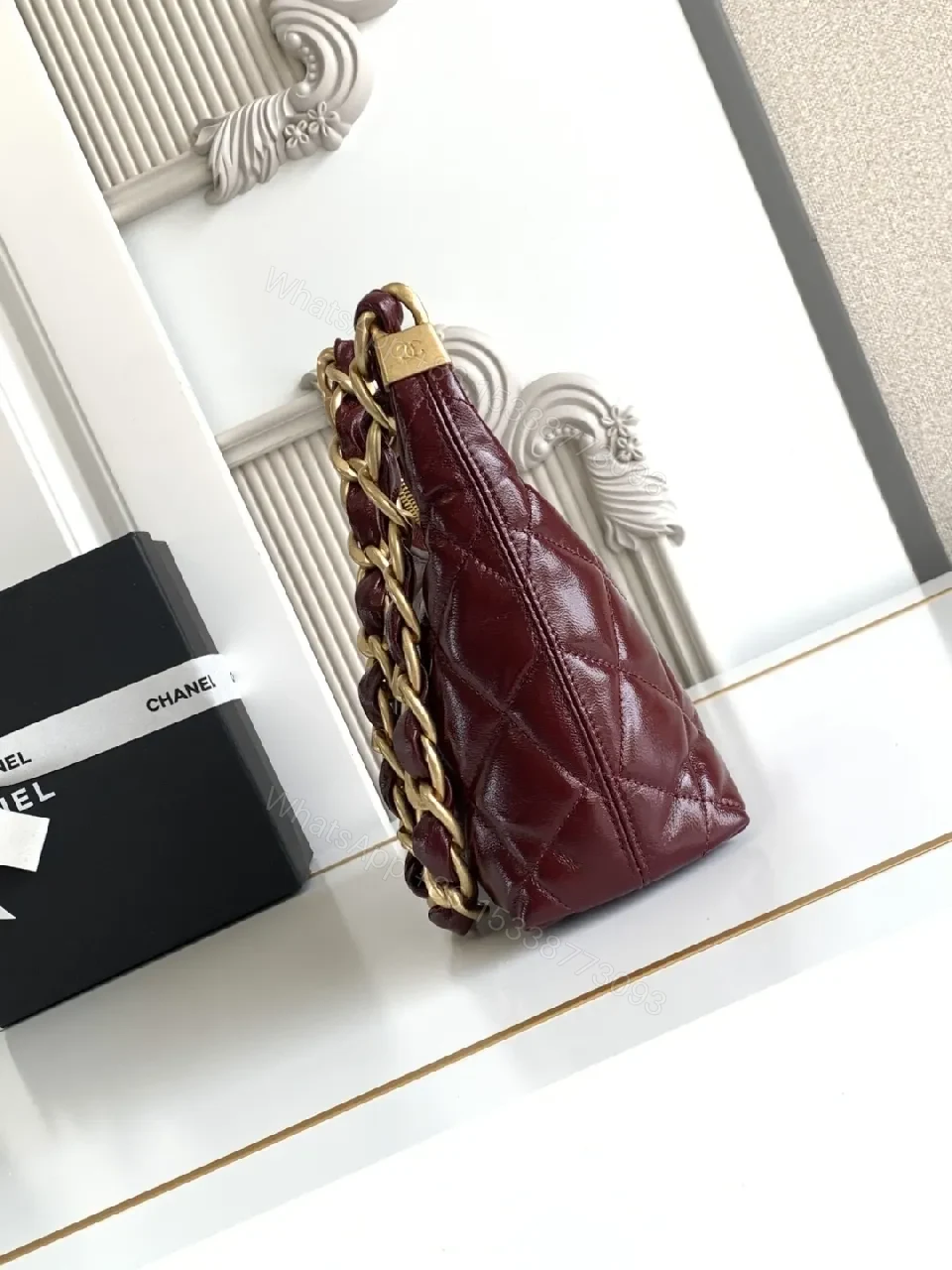 View 7 of Burgundy Quilted Mini Bag with Gold Chain Strap