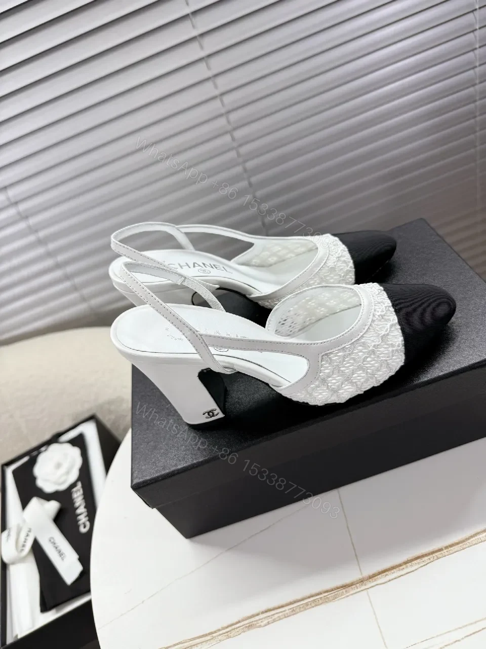 View 7 of Textured Slingback Pumps: Black-Toe, White Fabric, Luxe Comfort