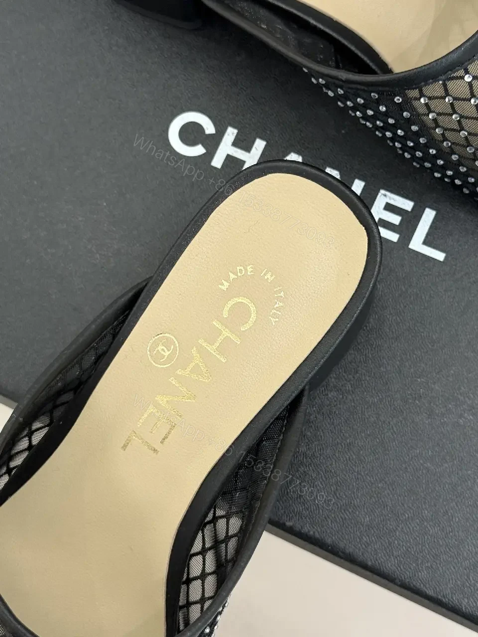 View 8 of Black Mesh Studded Mules Chanel Style Slippers