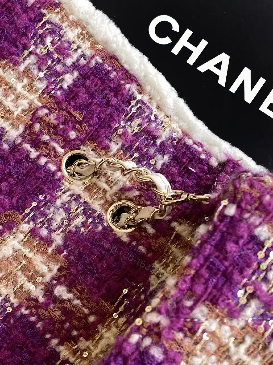 View 3 of Bouclé Texture Shearling-Trim Chain Flap Bag, Compact Chic