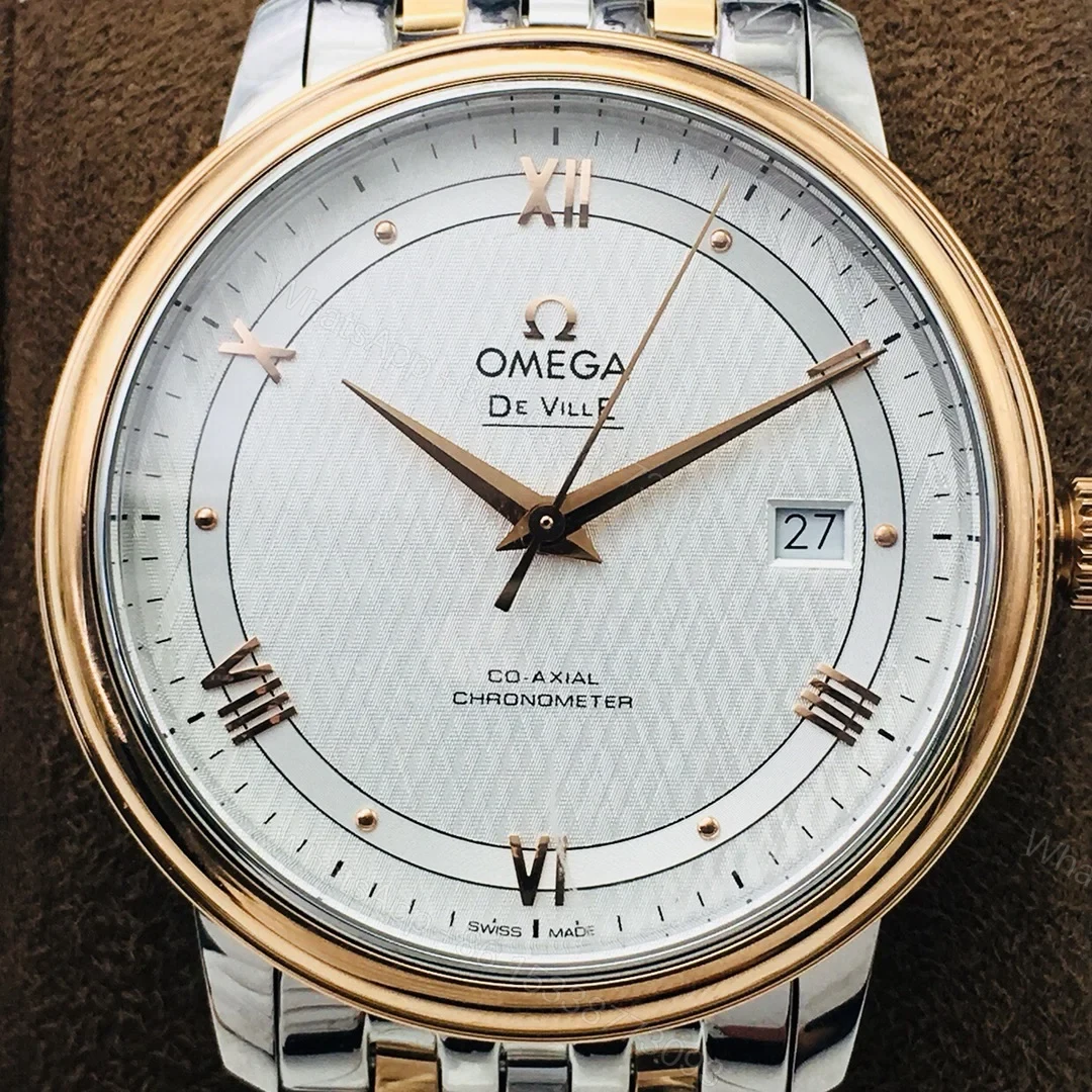 Omega De Ville Prestige Co-Axial Stainless Steel Yellow Gold Vintage Silver Silk Bracelet 424.20.33.20.52.001 — view 1