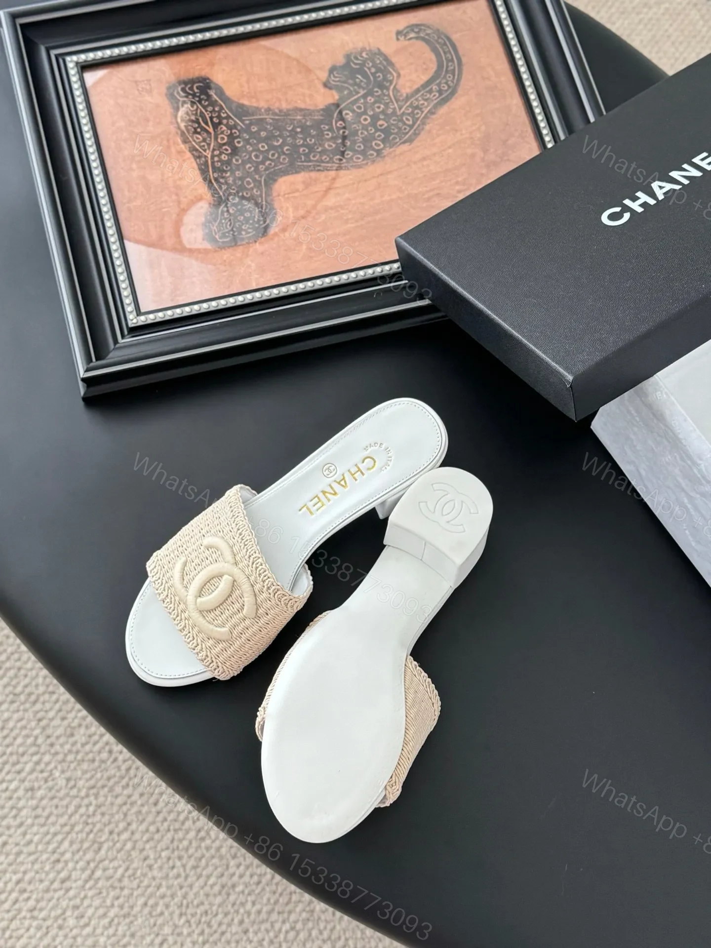 View 5 of Chanel Women Beige Woven Fabric Slides