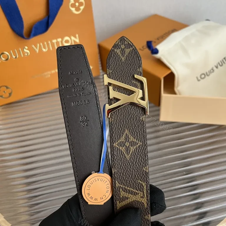 View 9 of Premium Leather Belt with Gold LV Interlock Buckle
