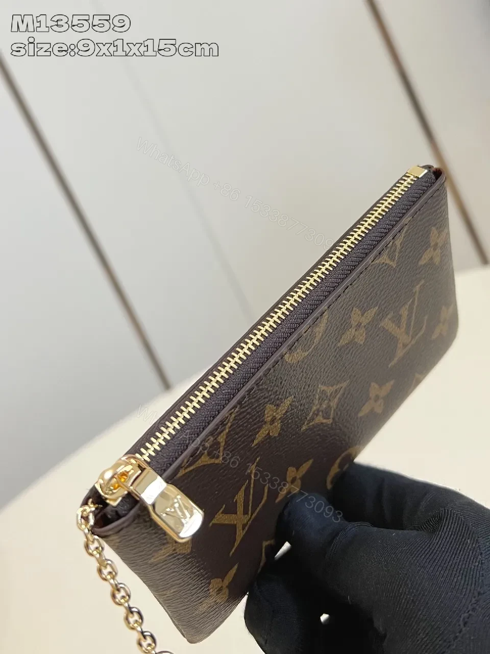 View 4 of Compact Monogram Wallet: Luxe Canvas, Gold Zip, Everyday Elegance