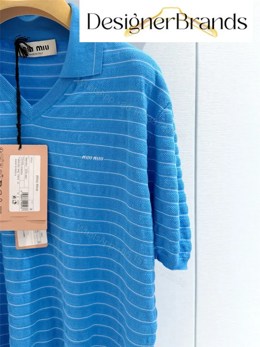 View 2 of Miu Miu Blue and White Striped Cotton V-Neck Knit Sweater