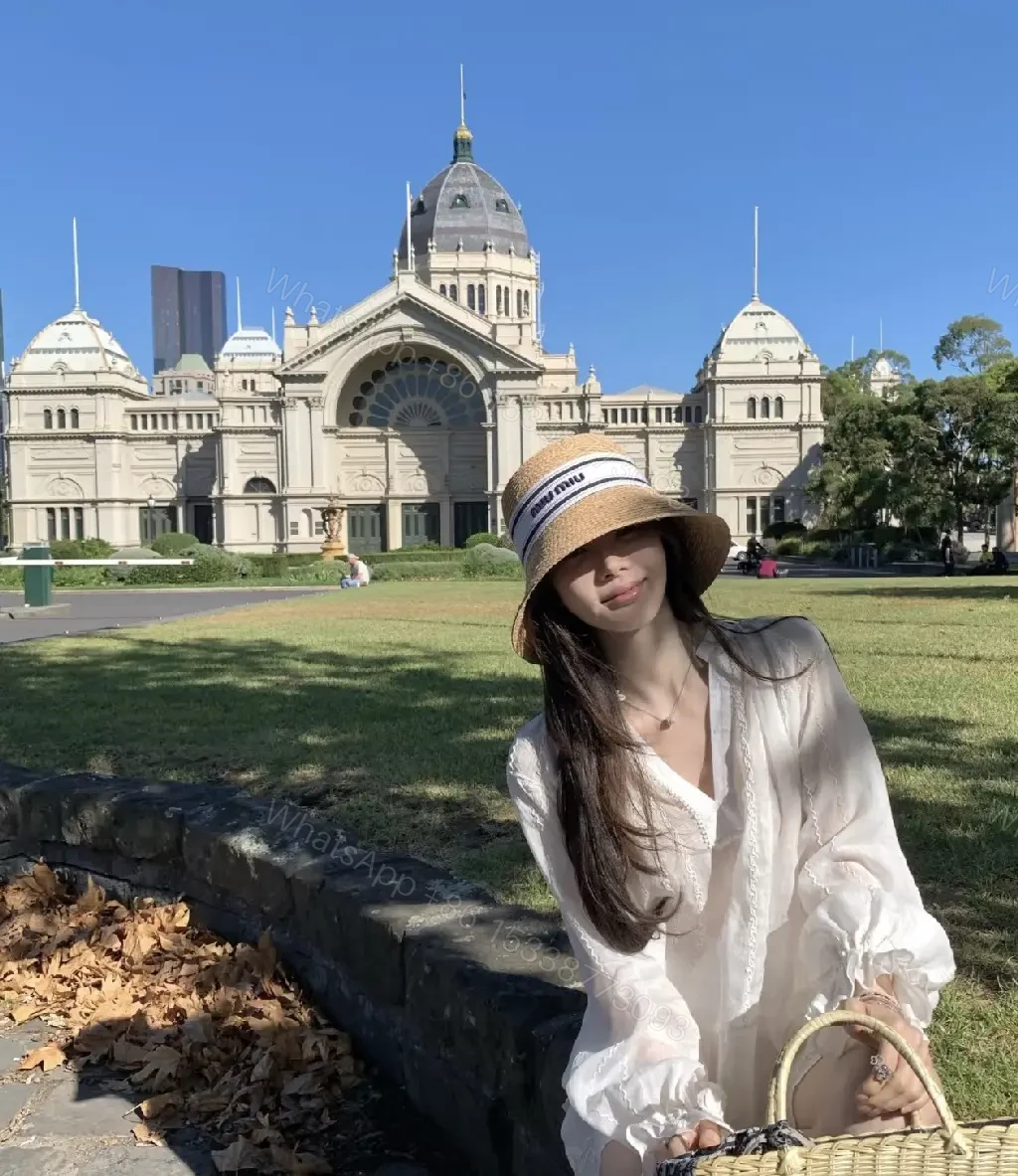 View 6 of Light Tan Straw Hat Wide Brim Flat Crown White Band Blue Stripes MIU MIU Visor Hat