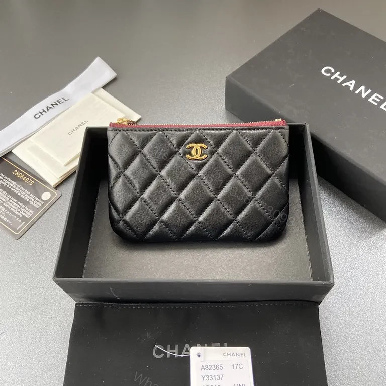 View 4 of Quilted Black Card Holder: Gold Logo, Compact Luxury
