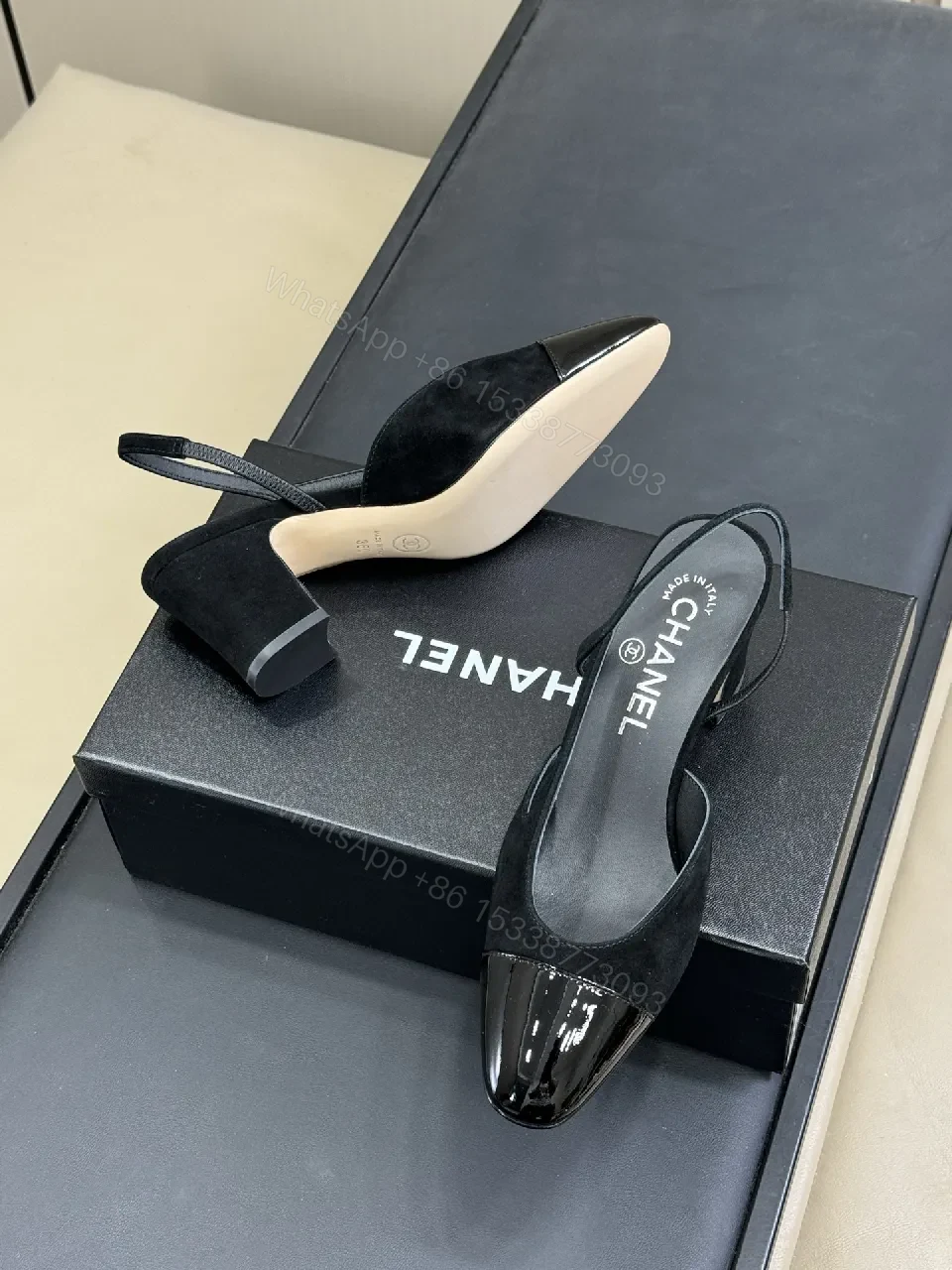 View 2 of Black Suede Slingback Heels with Patent Toe Cap, Luxe, Comfort-First