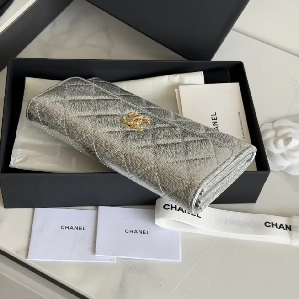 View 5 of Silver Metal Leather Quilted Wallet with CC Flap Closure
