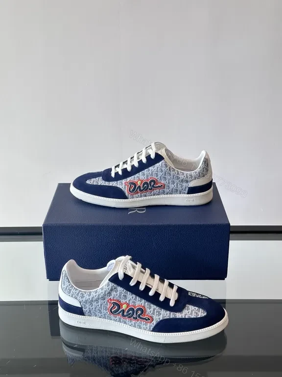 View 9 of Navy Dior Monogram Leather-Suede Low-Top Sneakers