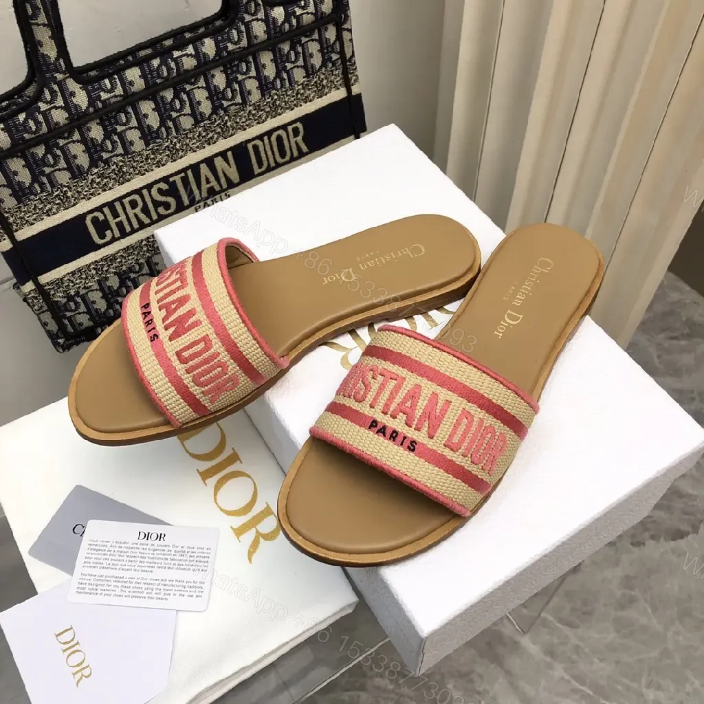 View 3 of Red Striped Straw Summer Sandals with Dior Logo Sliders