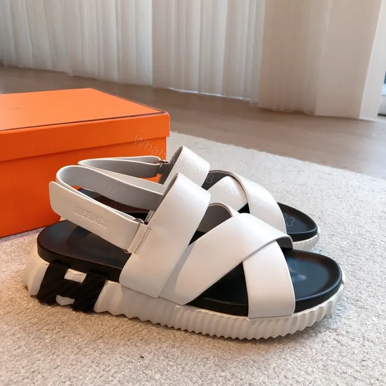 View 6 of HermÃ ̈s White Leather Sandals - Sculpted Sole, All-Day Comfort