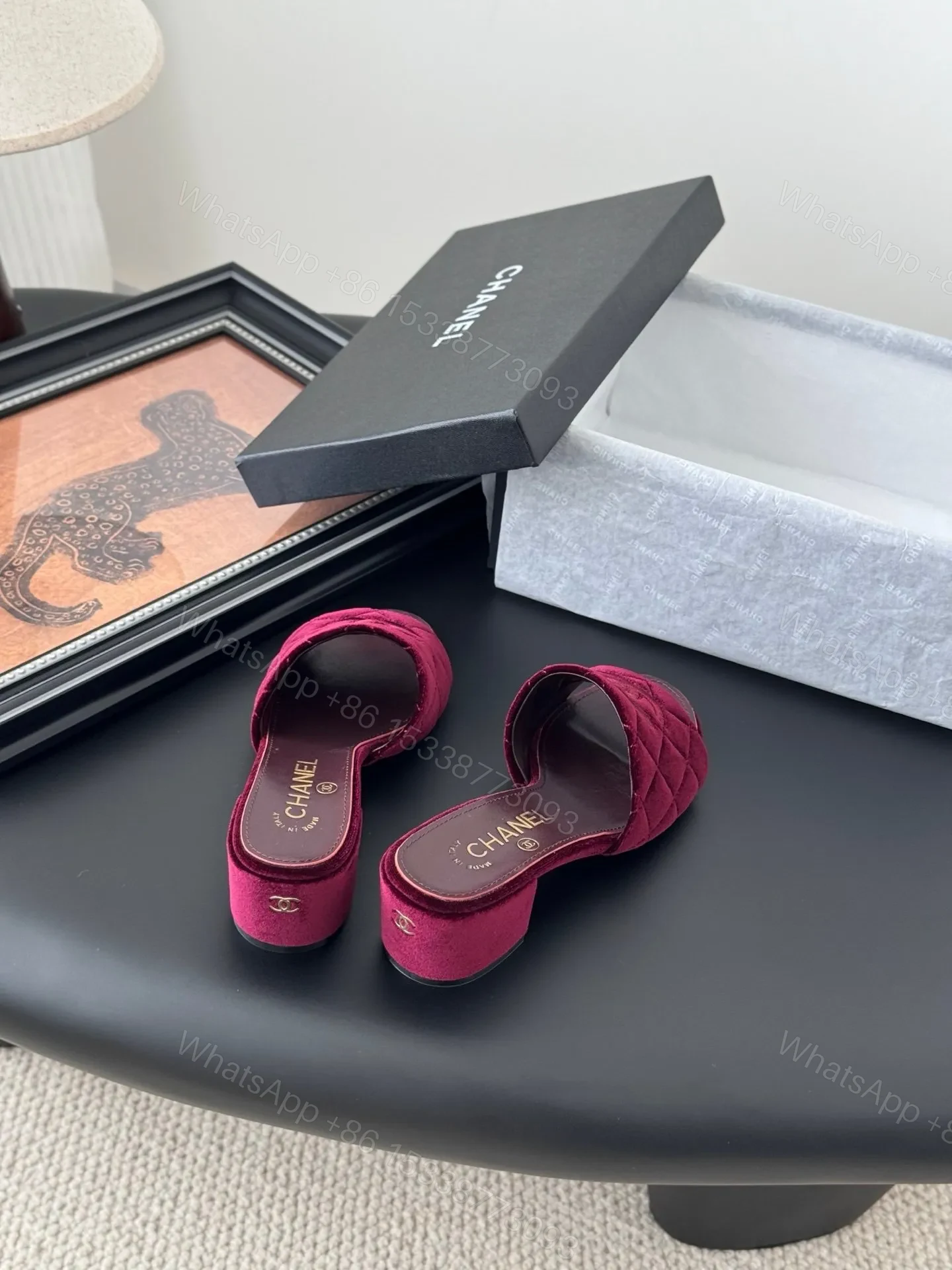 View 5 of Chanel Women Burgundy Velvet Slide Sandals