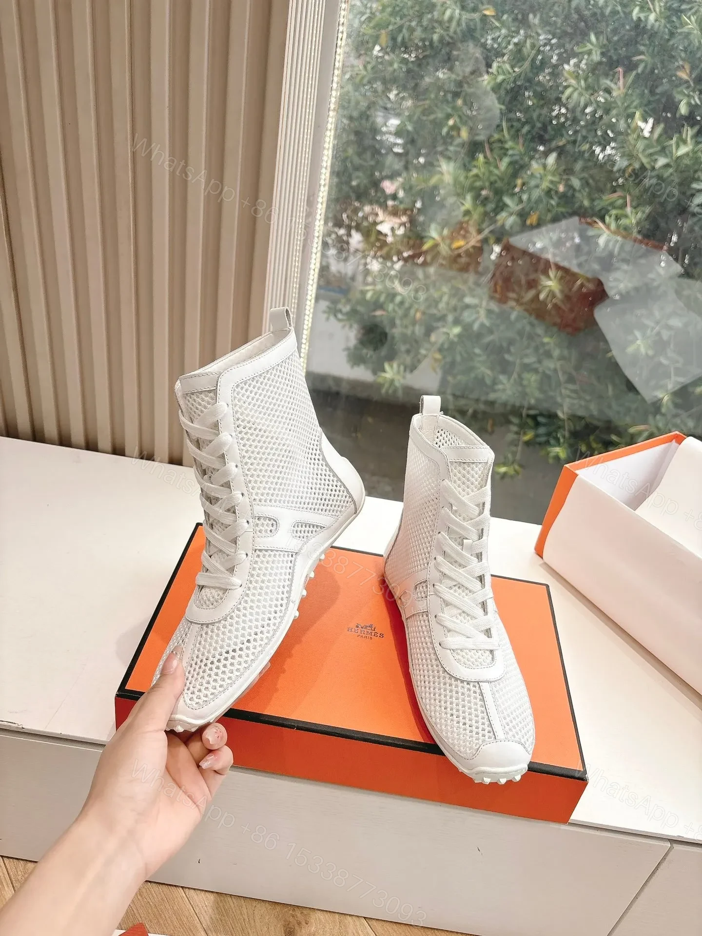 View 6 of Hermes Women White Mesh Leather Sneakers