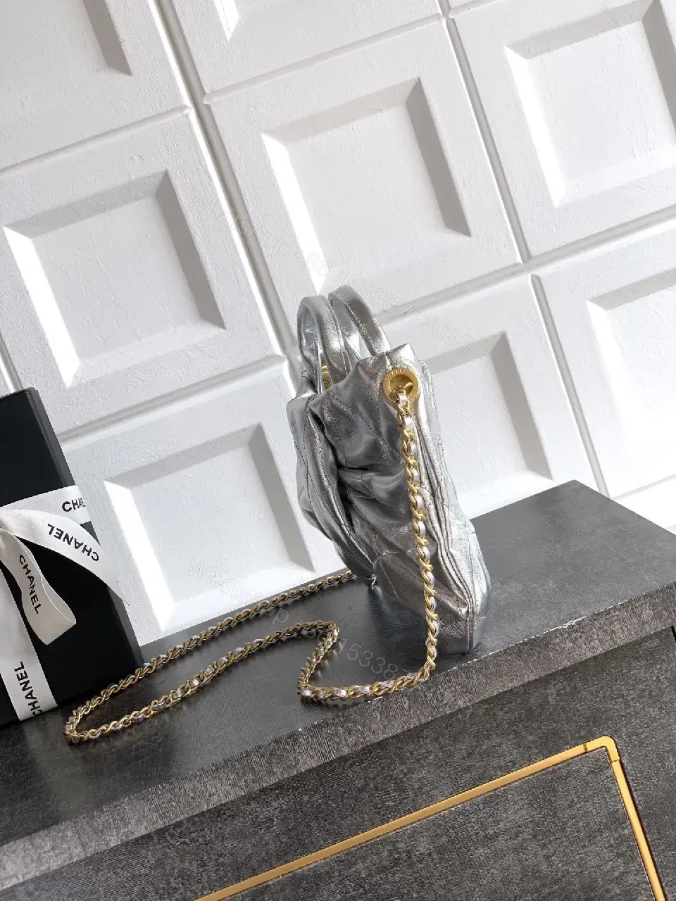 View 9 of Metallic Quilted Handbag with Gold Hardware Statement Bag