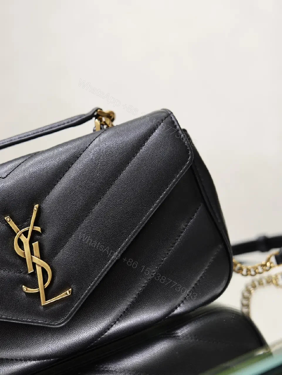 View 10 of Black Leather Structured Shoulder Bag Envelope Flap with YSL Logo Product Type