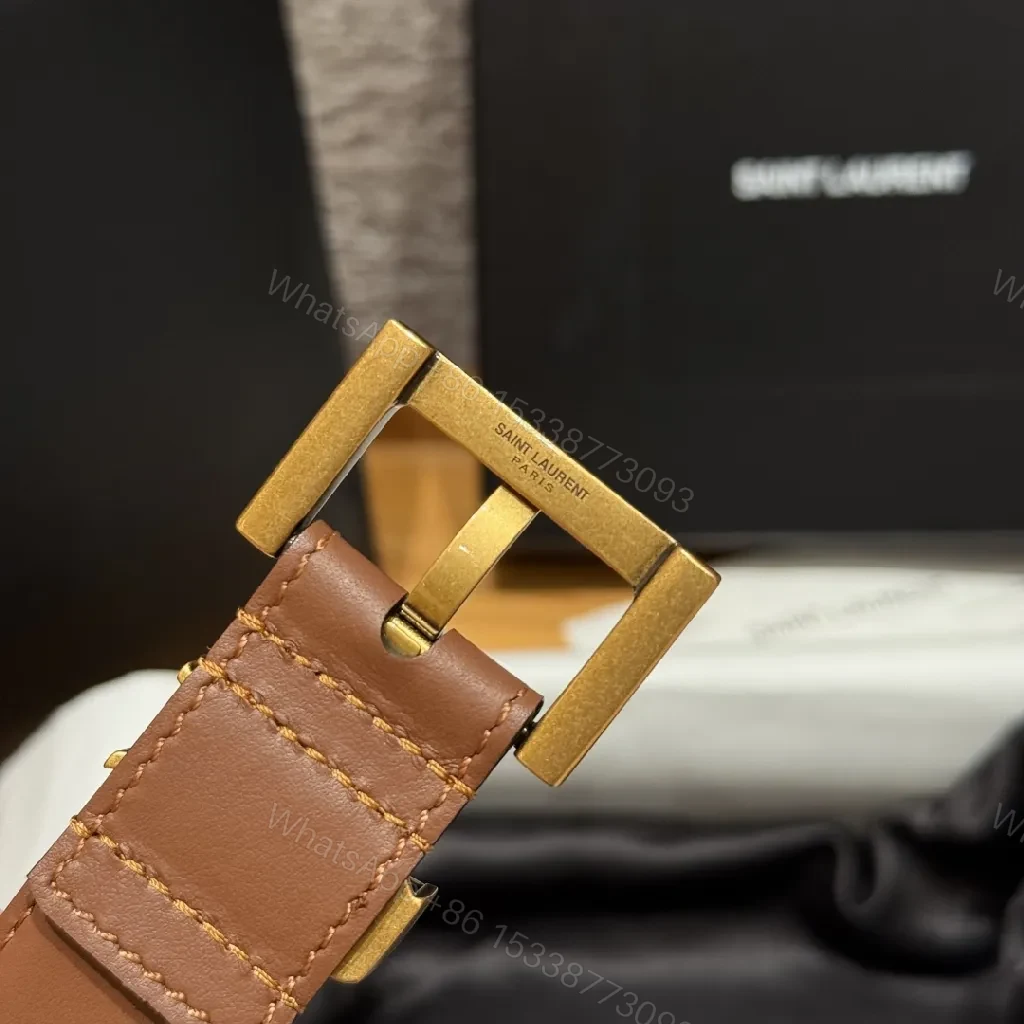 View 7 of Brown Leather Belt with Gold Logo Buckle—Versatile Luxury Accessory