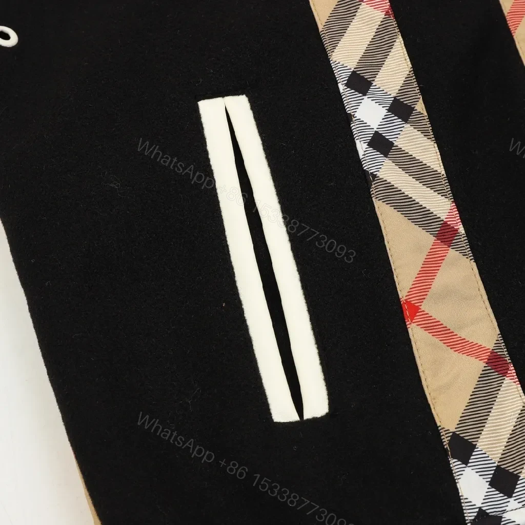 View 10 of Bold Plaid-Panel Varsity Bomber Jacket