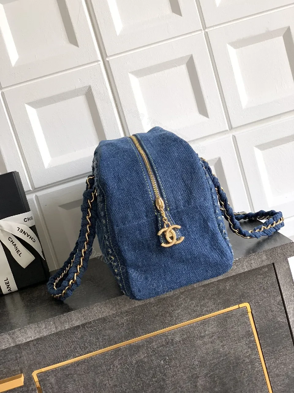 View 8 of Denim Mini Bag + Chain Handle + Structured + Couture Vibe + Bag
