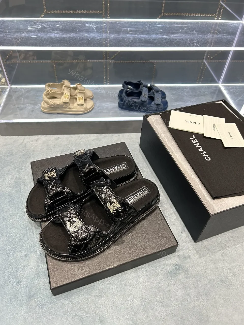 View 2 of Black Satin Logo-Embossed Sandals | Luxe Everyday Comfort