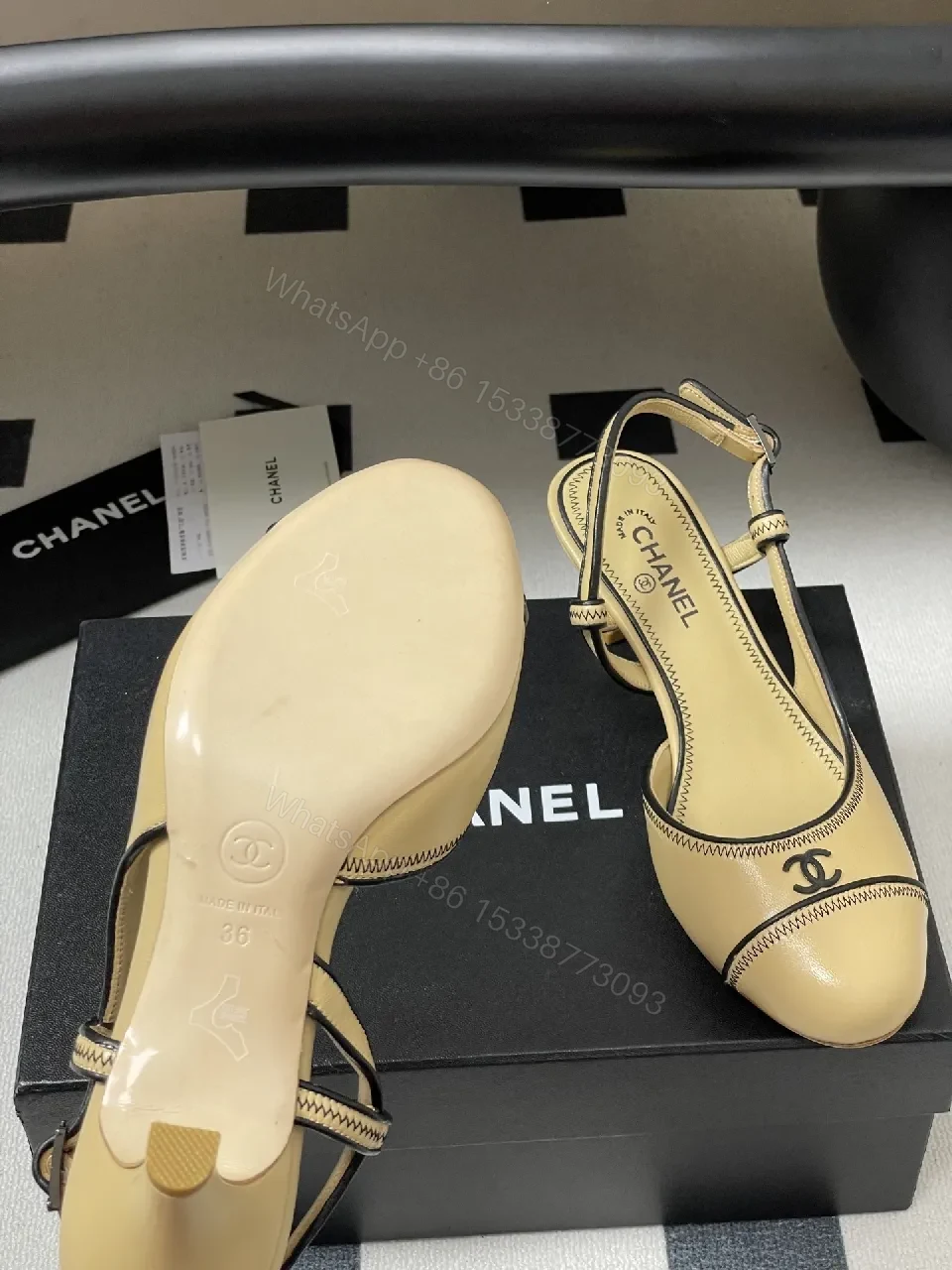 View 7 of Neutral Slingback Heels in Leather with Zigzag Stitching