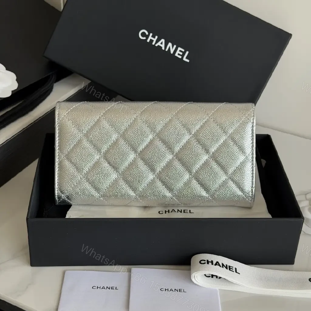 View 10 of Silver Metal Leather Quilted Wallet with CC Flap Closure