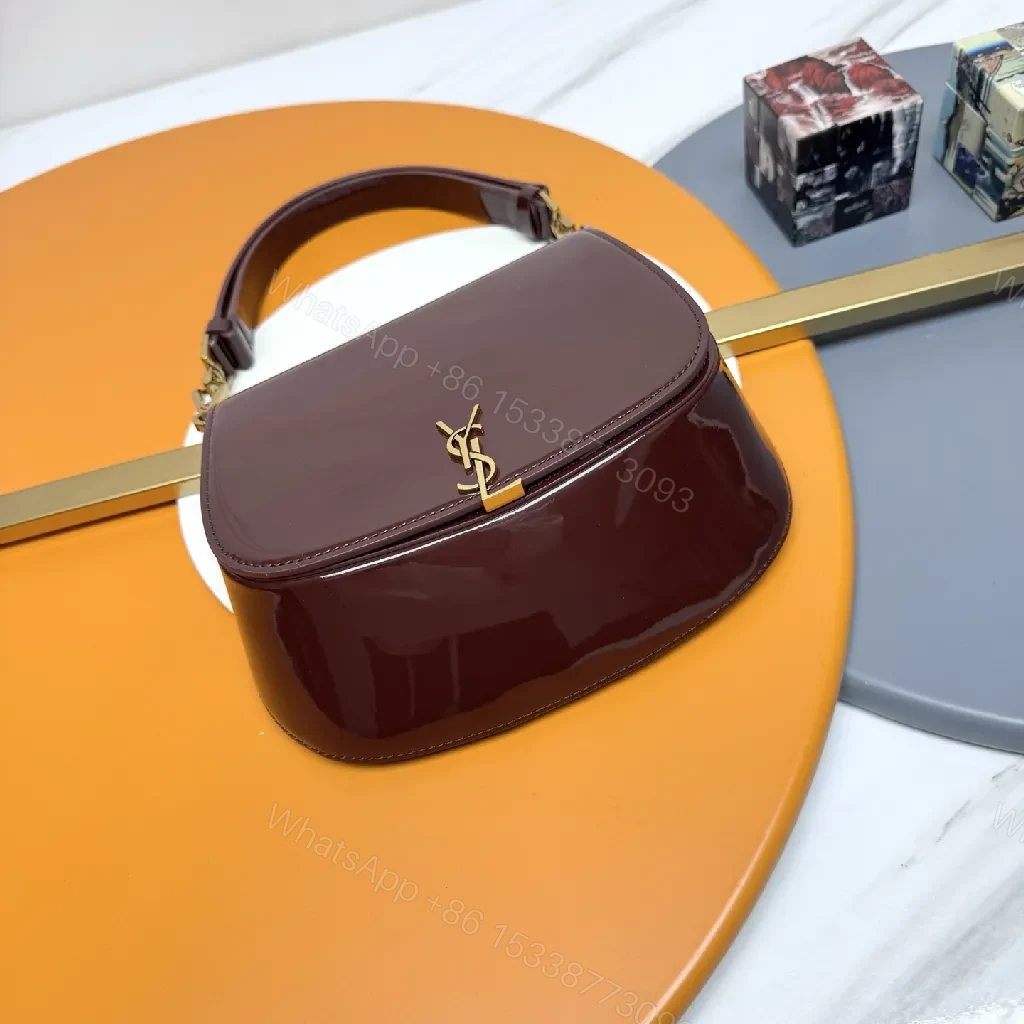View 5 of Glossy Burgundy Velvet-Patent Mini Bag with Gold Hardware