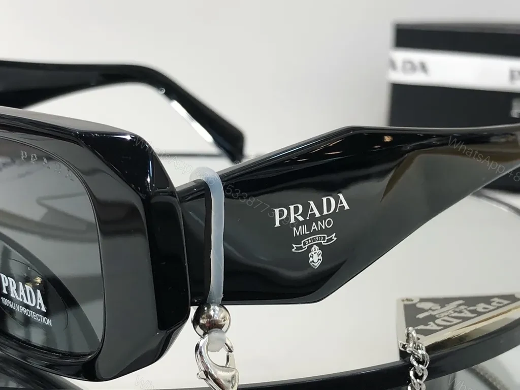 View 3 of Bold Navy Prada Sunglasses: Square Frames, Gold Chain Accent