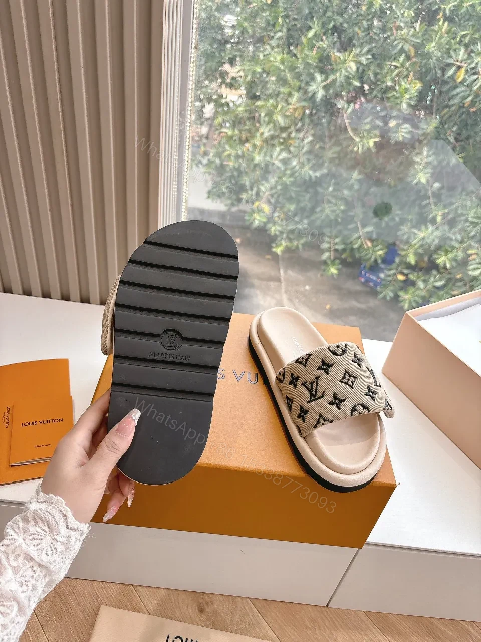 View 5 of Beige Monogram Sandals: Luxury Comfort Slip-Ons