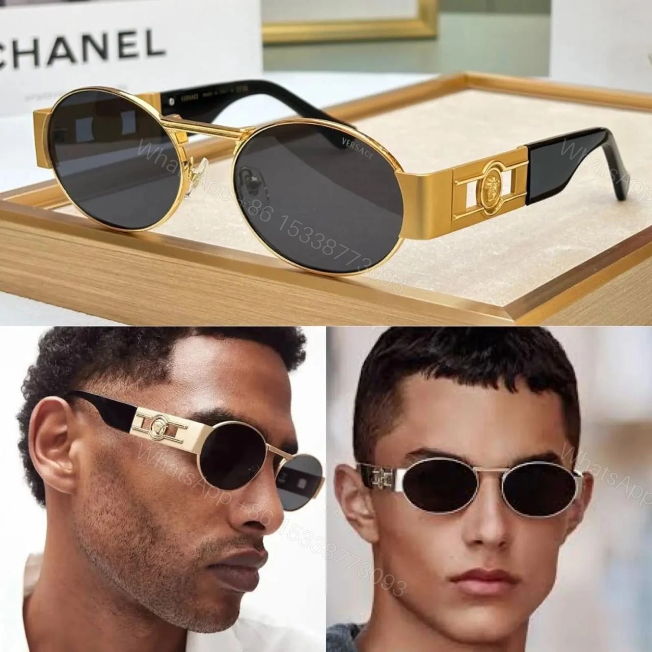 View 7 of Versace Oval Metal Sunglasses Gold Green