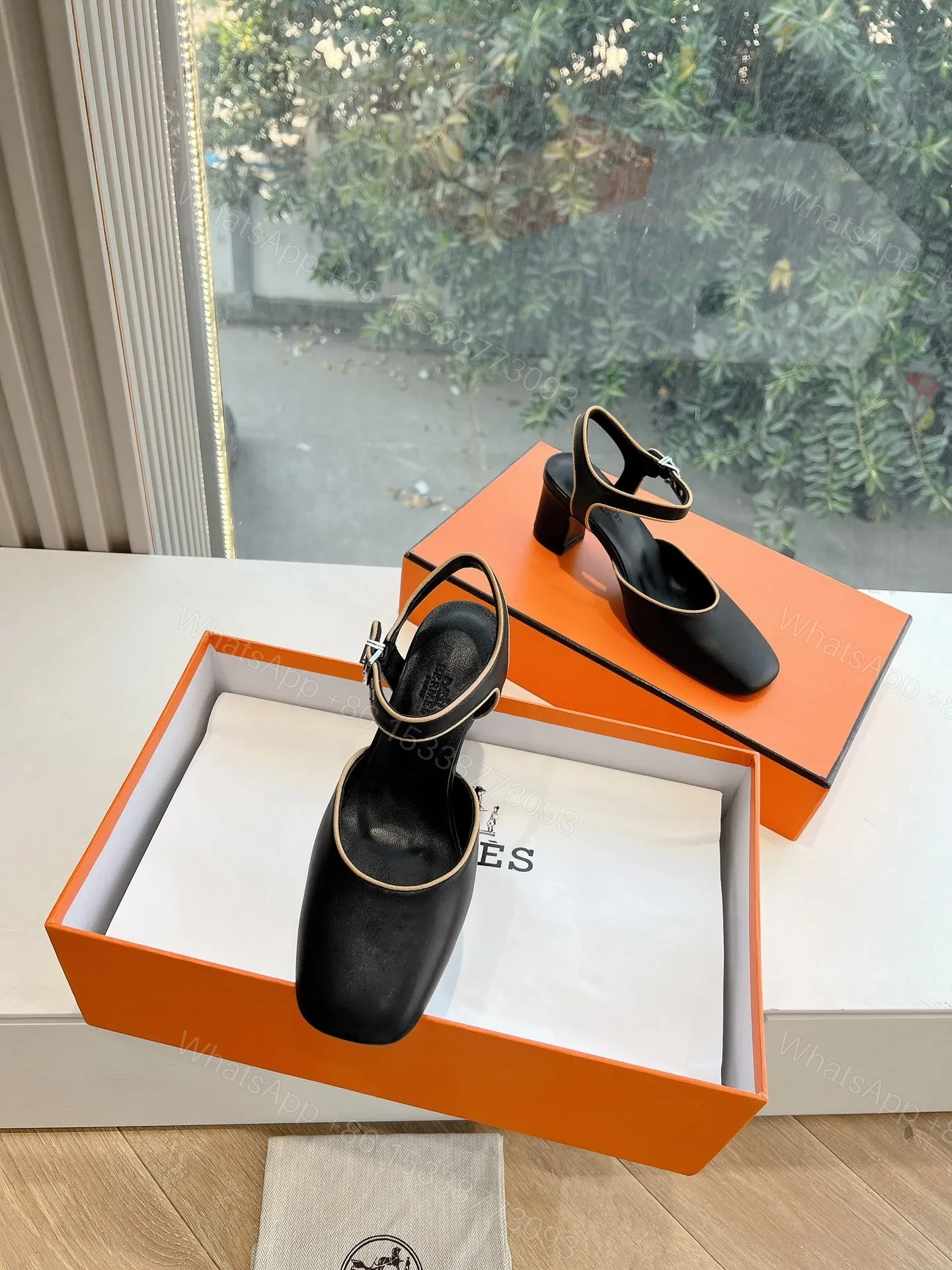 View 4 of Hermes Women Black Leather Trimmed Heels
