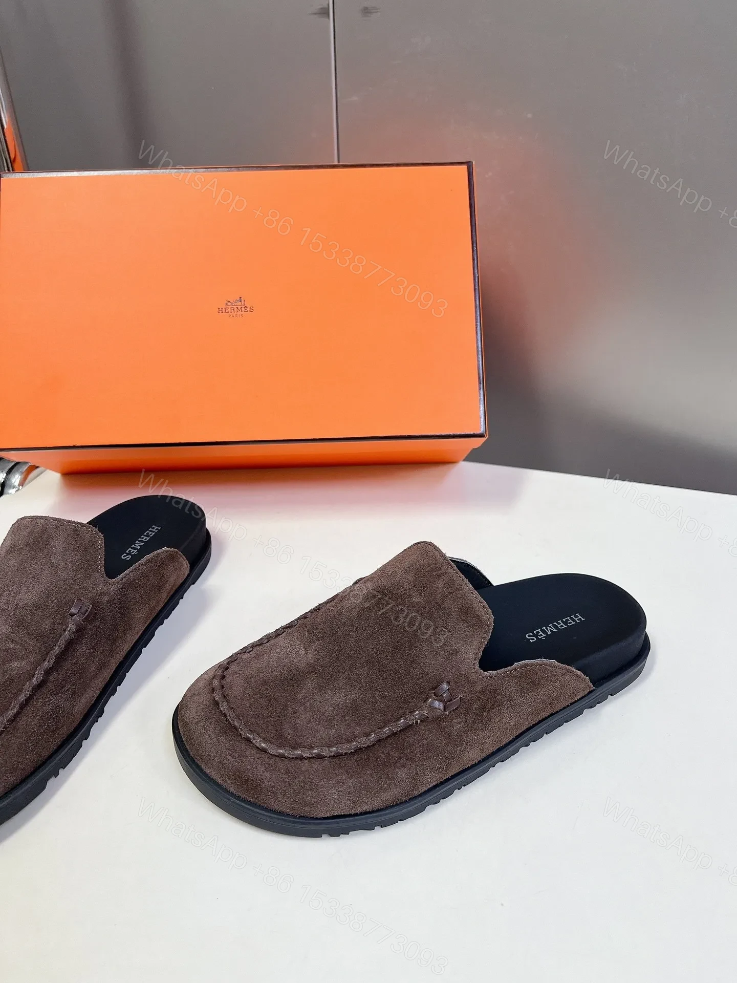 View 4 of Hermes Women Brown Suede Slippers