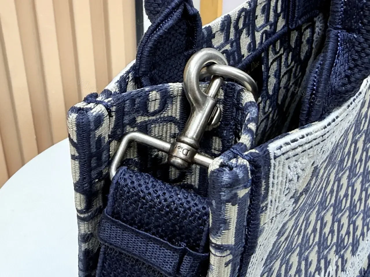 View 8 of Navy Monogram Textile Satchel: Structured Square Bag