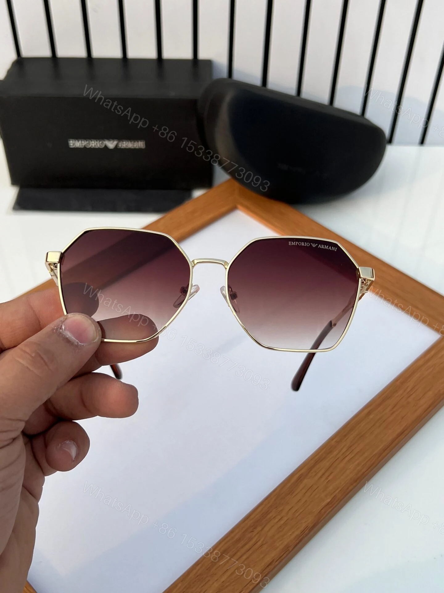View 3 of Emporio Armani Geometric Sunglasses Brown-Gold