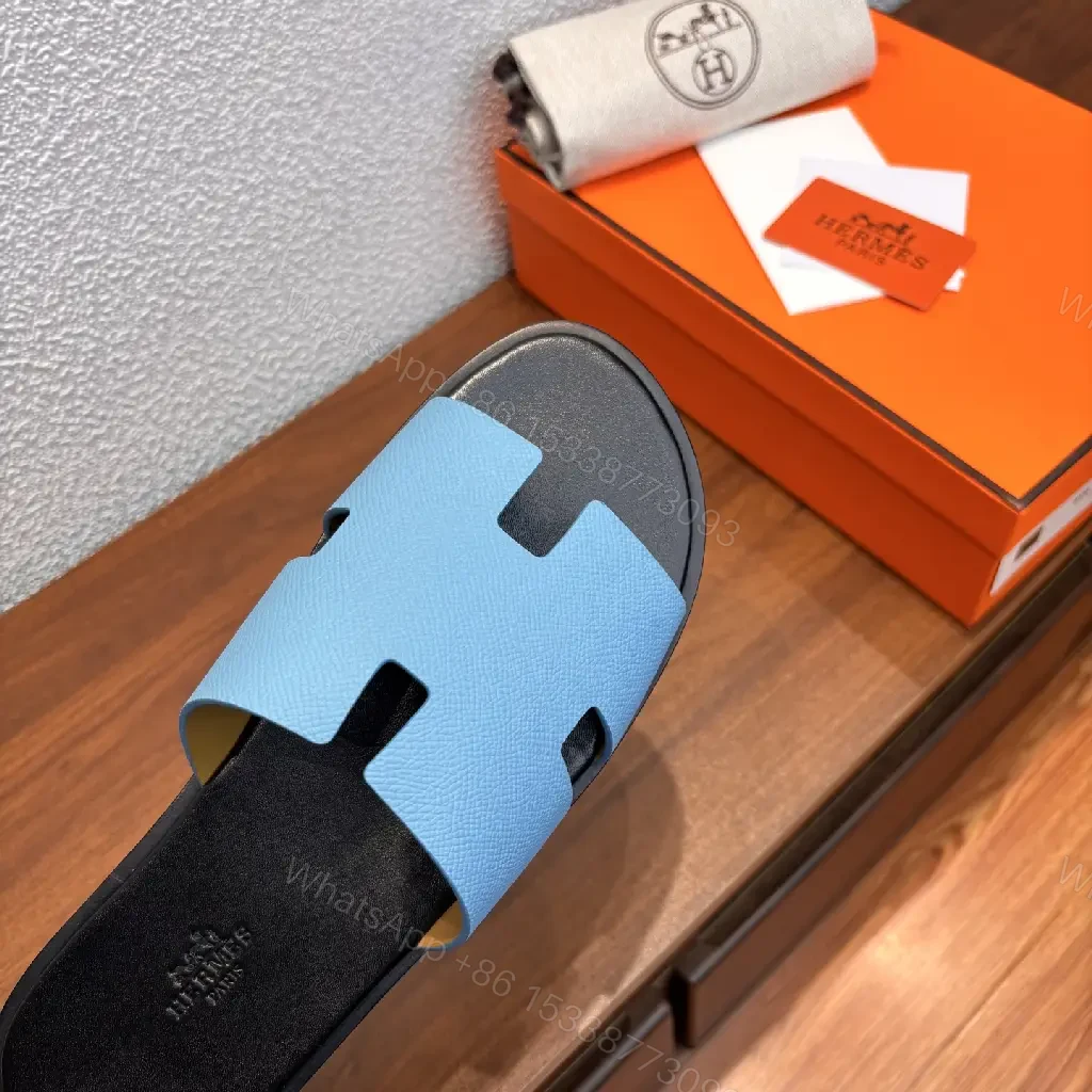 View 3 of Blue Leather Slide Sandals - Hermes Style, Comfortable Slip-ons
