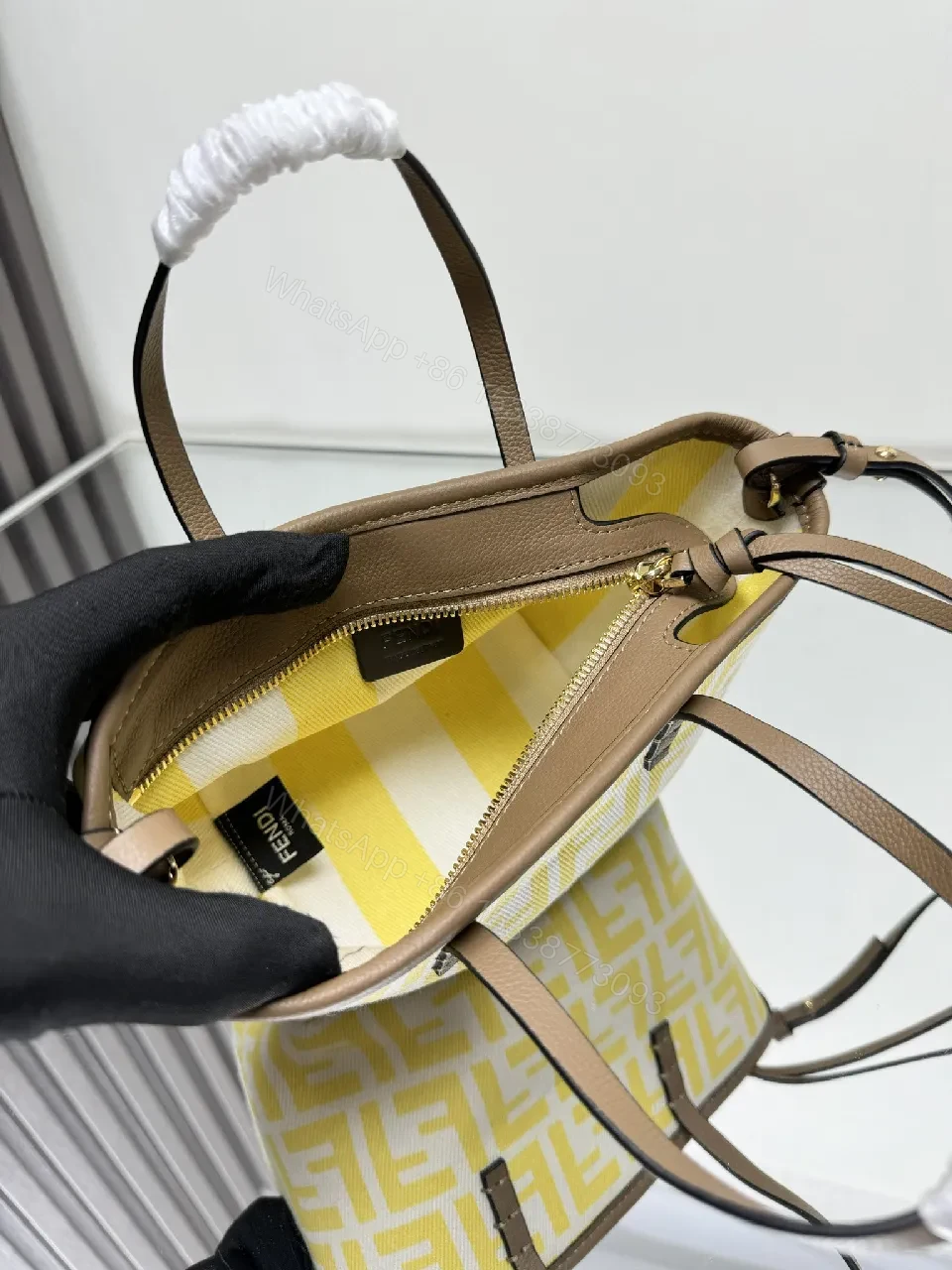 View 2 of Yellow Canvas Tote, Geometric Print, Mini, Structured, Everyday Luxury Tote