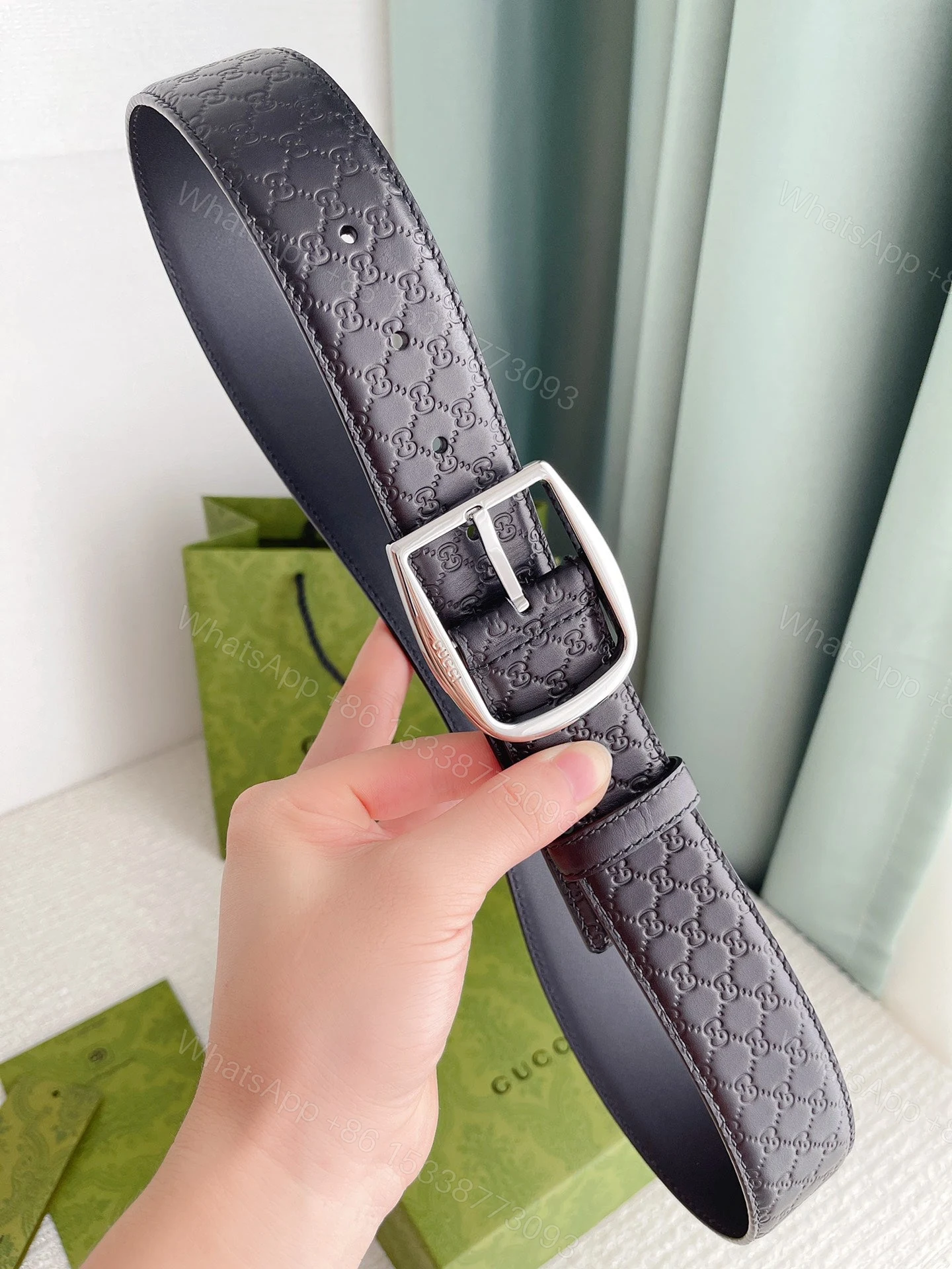View 2 of GUCCI CALFSKIN MONOGRAM BLACK BELT SILVER METAL 4CM