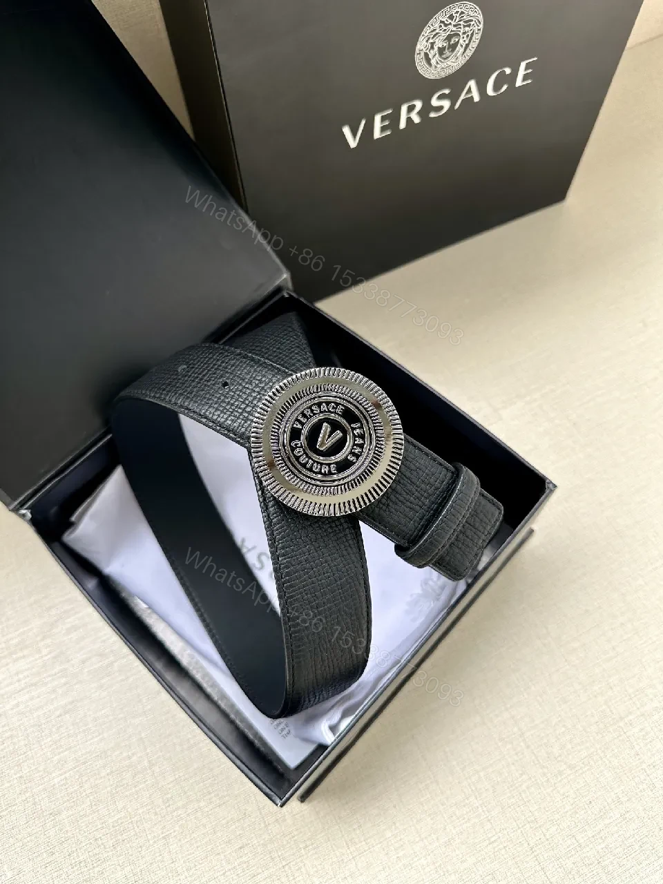 View 7 of Black Leather Belt with Gold Emblem - Premium, Textured Style