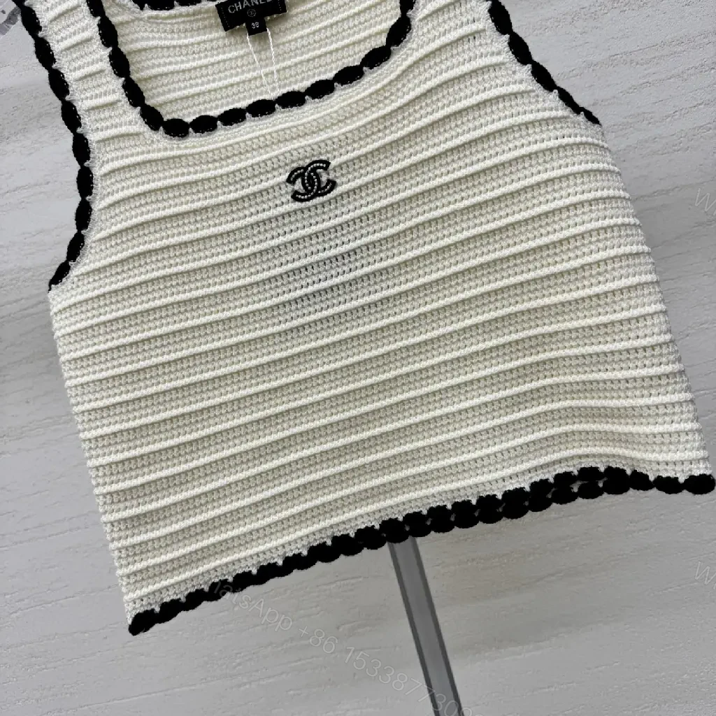 View 10 of Ivory Knit Crop Top with Black Piping, Luxe Knitwear Top