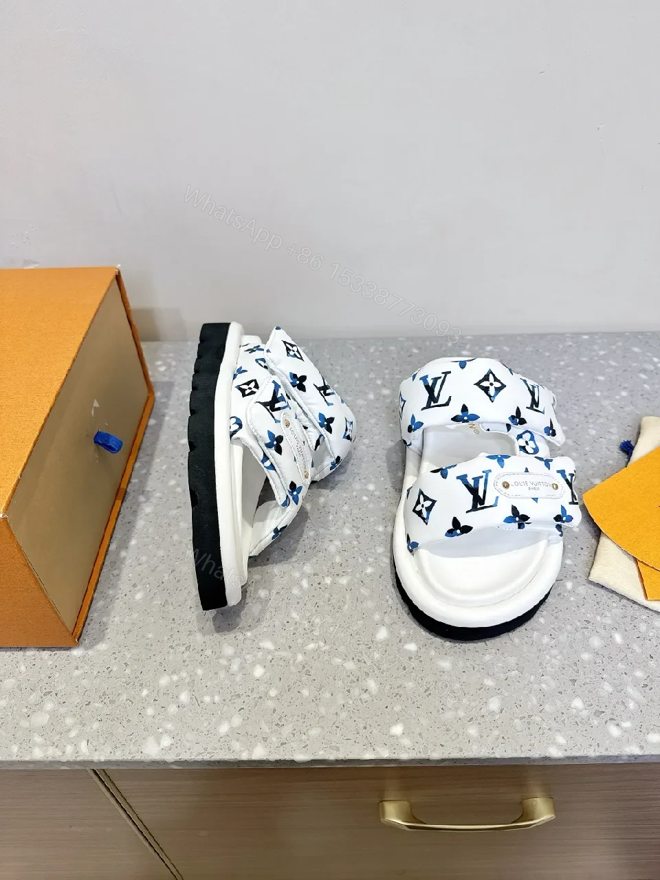 View 5 of White & Navy Designer-Inspired Slides: Bold Comfort, Monogram Style