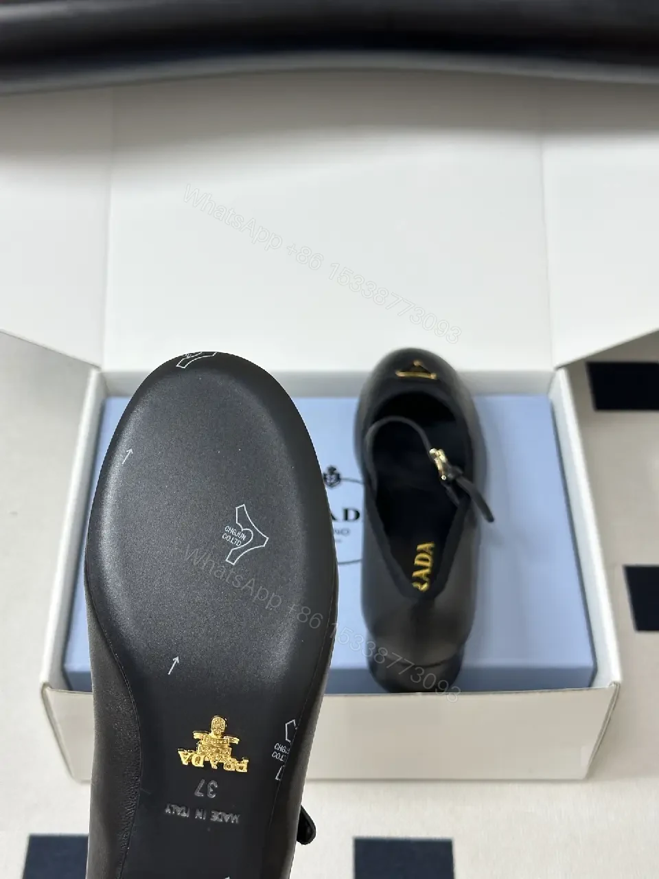 View 10 of Black Leather Mary Jane Heels with Logo Charm, Prada Style