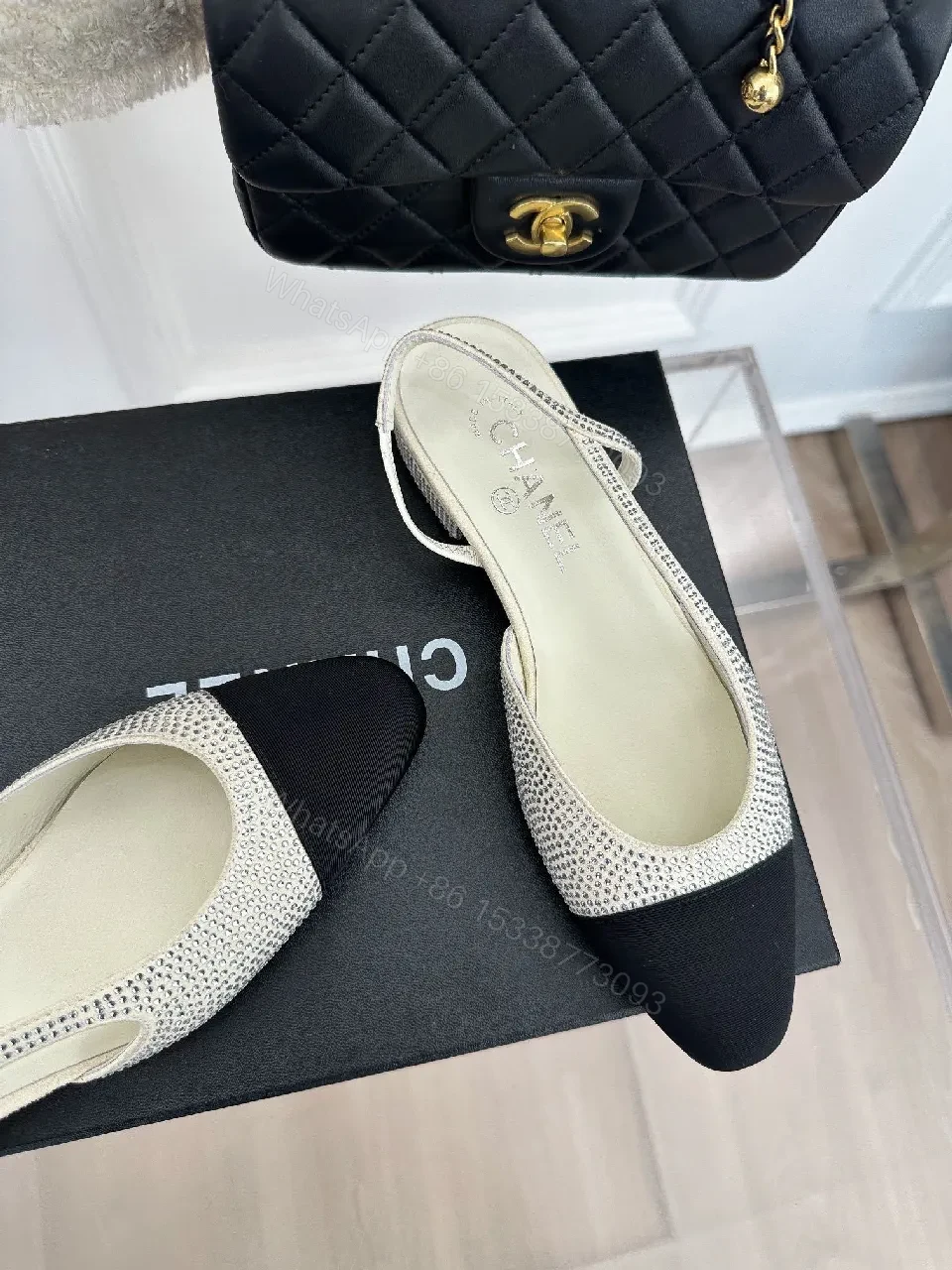 View 8 of Two-Tone Crystal Flats: Elegant Open-Back Sling Shoes