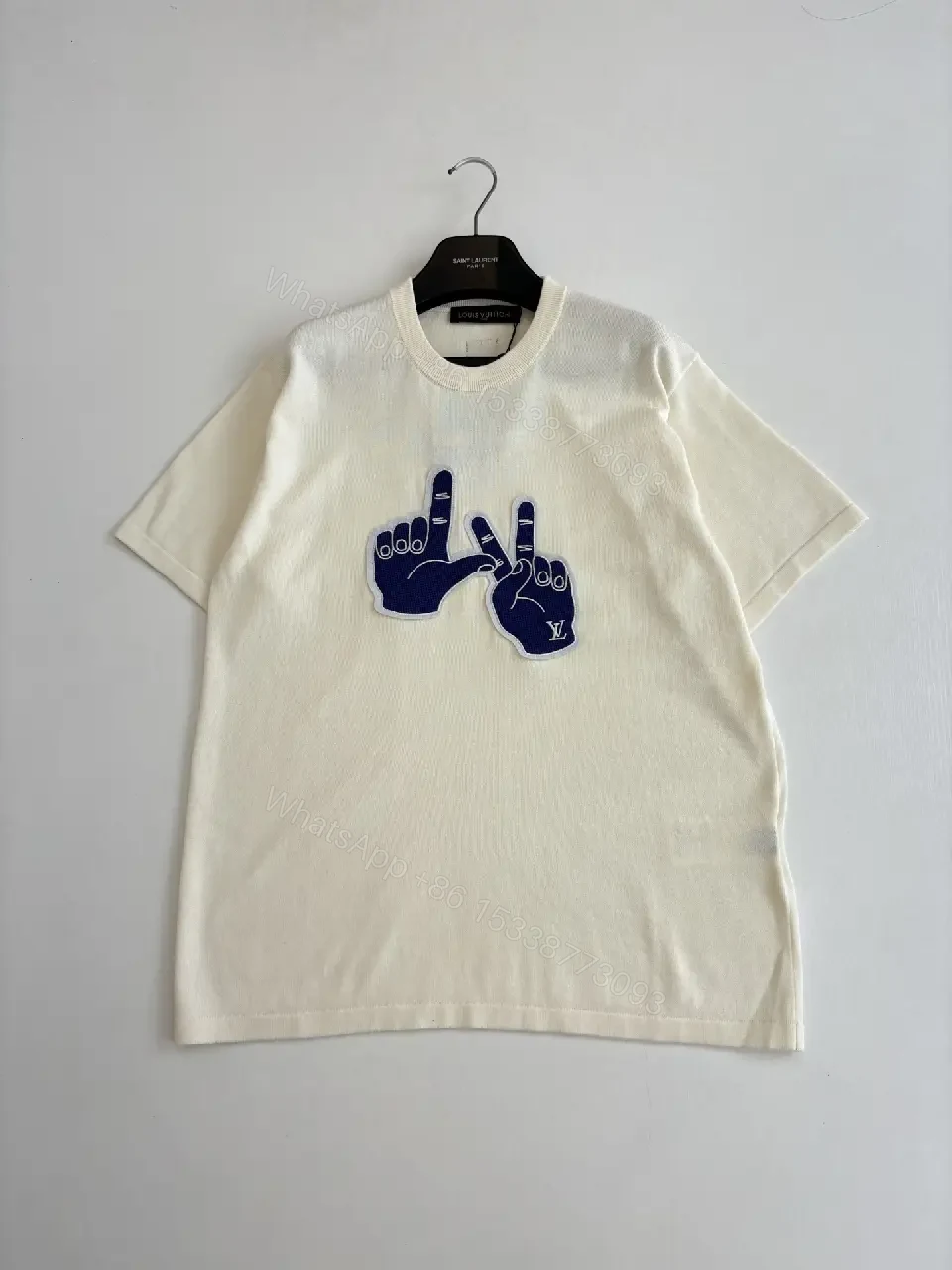 View 9 of White Cotton T-Shirt, Graphic Hand Sign, Casual Style, Louis Vuitton Accent