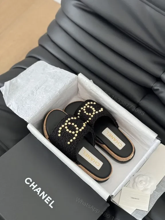 View 9 of Chanel-Inspired Black Knit Slides with Gold Logo Accents