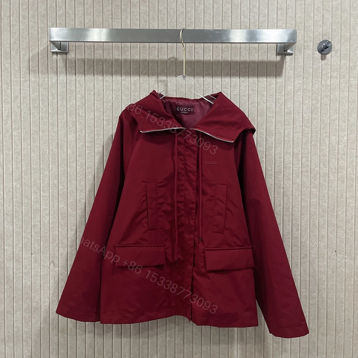 View 2 of Gucci Hooded Fabric Jacket With Logo Rosso Ancora Red