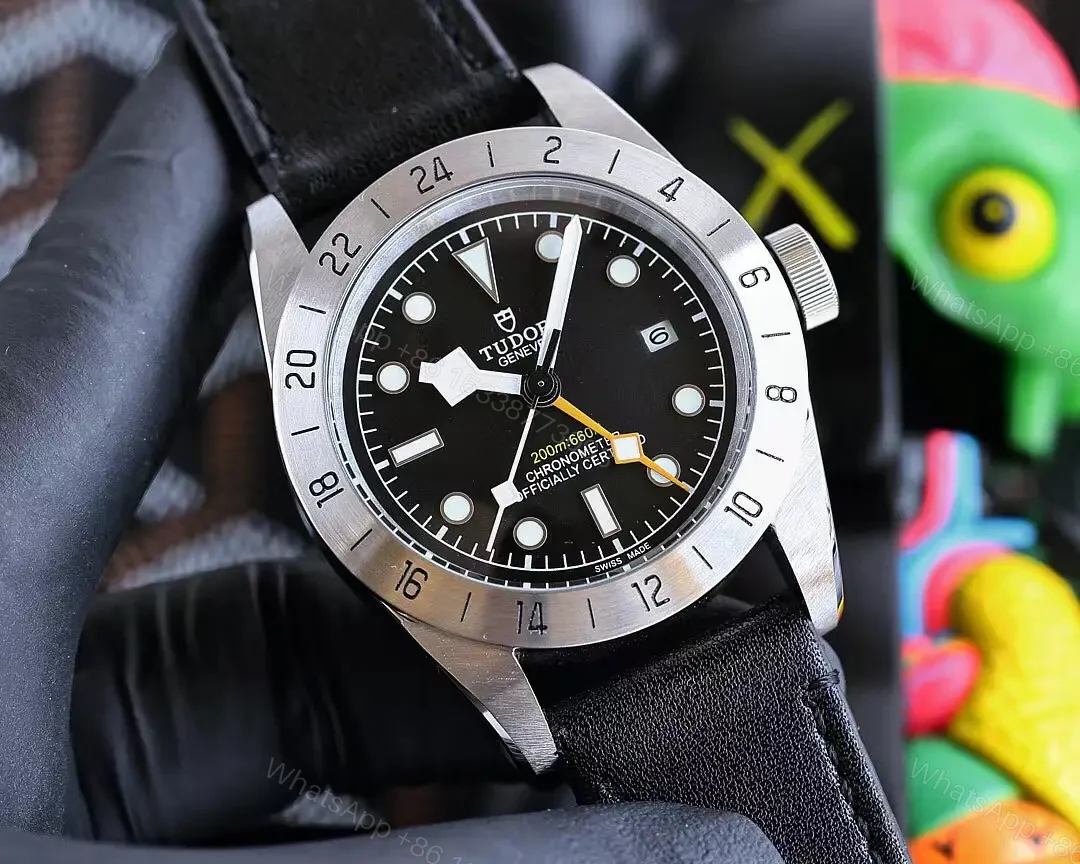 View 2 of Tudor Qichen GMT Black Dial 24-Hour Bezel Leather Strap Premium 42MM TUDOR-BB-GMT-42-BLK-LEATHER