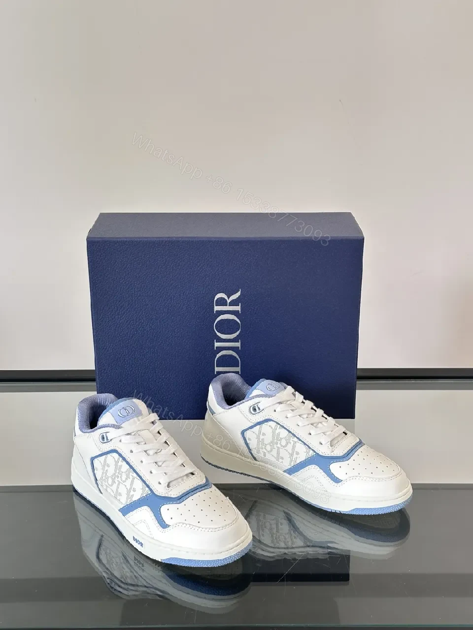 View 4 of White & Sky Blue Leather High-Tops with Subtle Monogram Texture