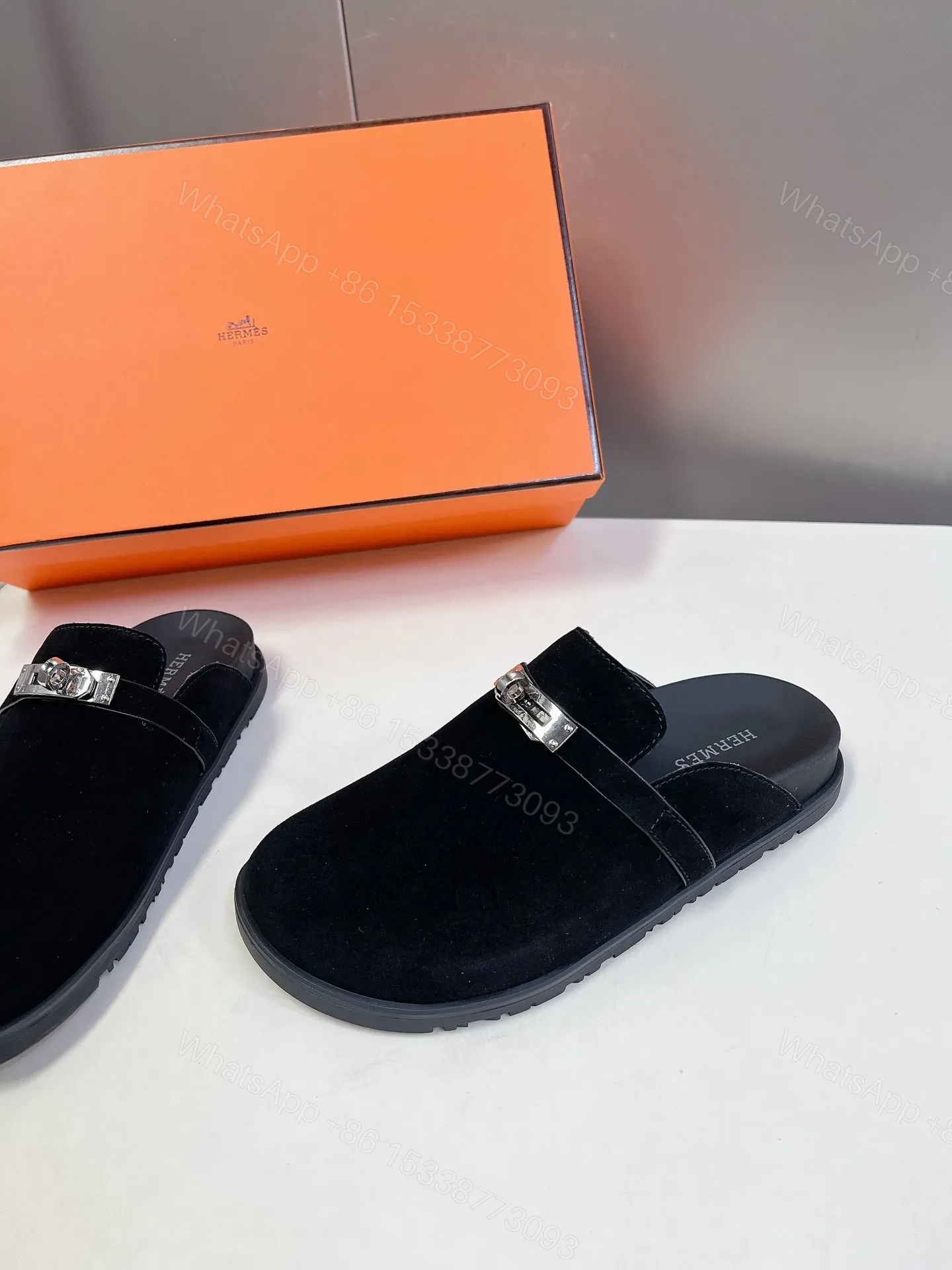 View 4 of Hermes Women Black Suede Leather Slippers