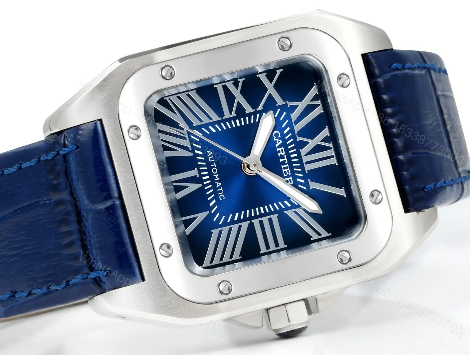 View 9 of Premium Cartier Santos 100th Anniversary replica Blue Leather Strap Edition RG-CARTIER-SANTOS-100-BLUE-LEATHER