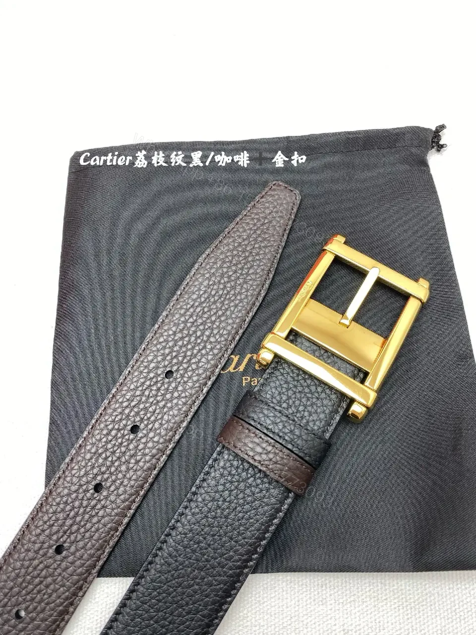 View 4 of Black Leather Belt - Gold H-Frame Buckle, Cartier-Style
